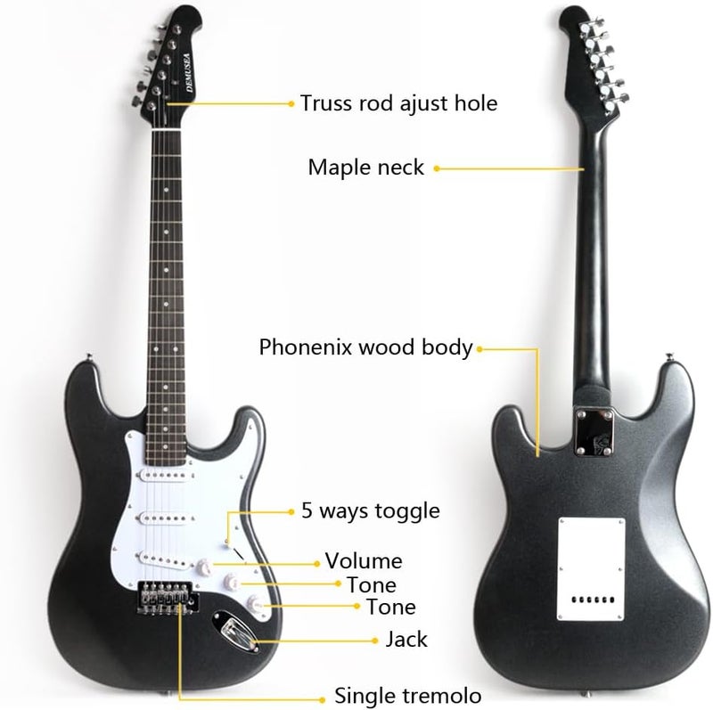 demusea DST-30 Full Size Electric Guitar Beginner Starter Practice With Gig bag And Strap (DST-30, Metallic Black) - Image 2